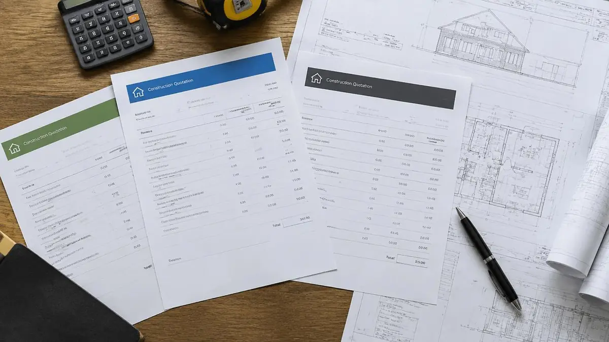 Several construction quotations and drawings laid out on a table