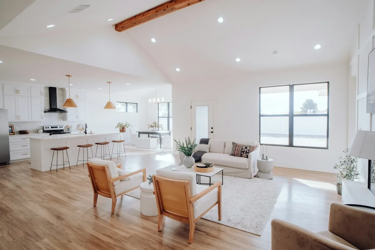 Interior shot of a bright, open-plan living area with modern finishes and natural light.
