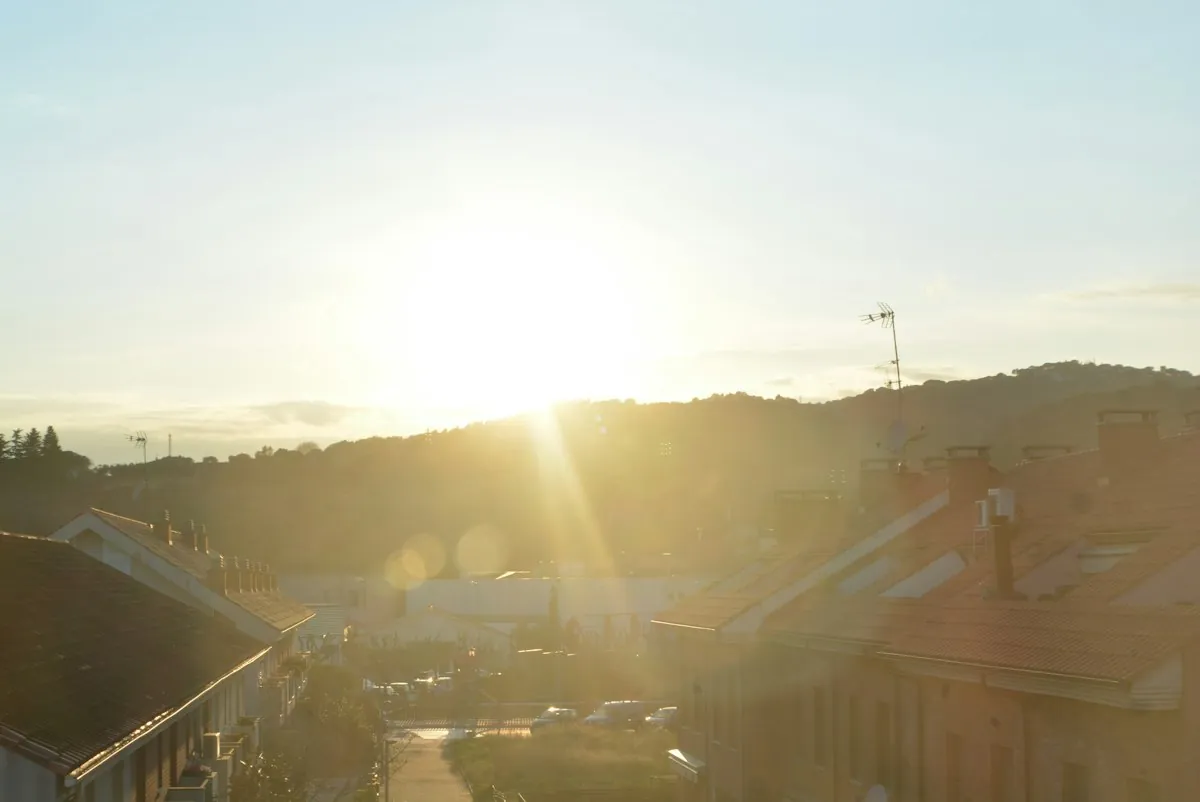 Sunset view over a quiet residential neighborhood with well-kept homes.